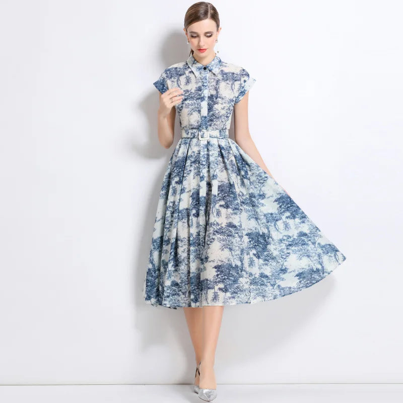 Printed Shirt Midi Dress Women | Sleeveless Belted A Line Elegant Dress
