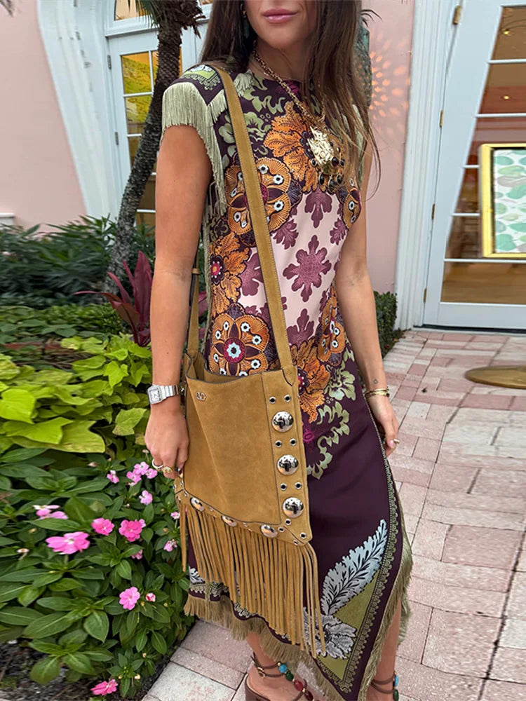 Women’s Vintage Floral Print Midi Dress | Elegant Short Sleeve Boho Maxi Dress for Fall, Vacations & Casual Wear