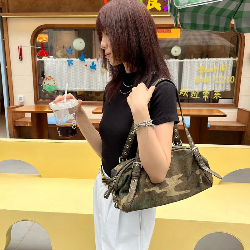 Camouflage Shoulder Bag for Women | Casual Canvas Handbag | Trendy Y2K Baguette Purse | Everyday Street Style Bag