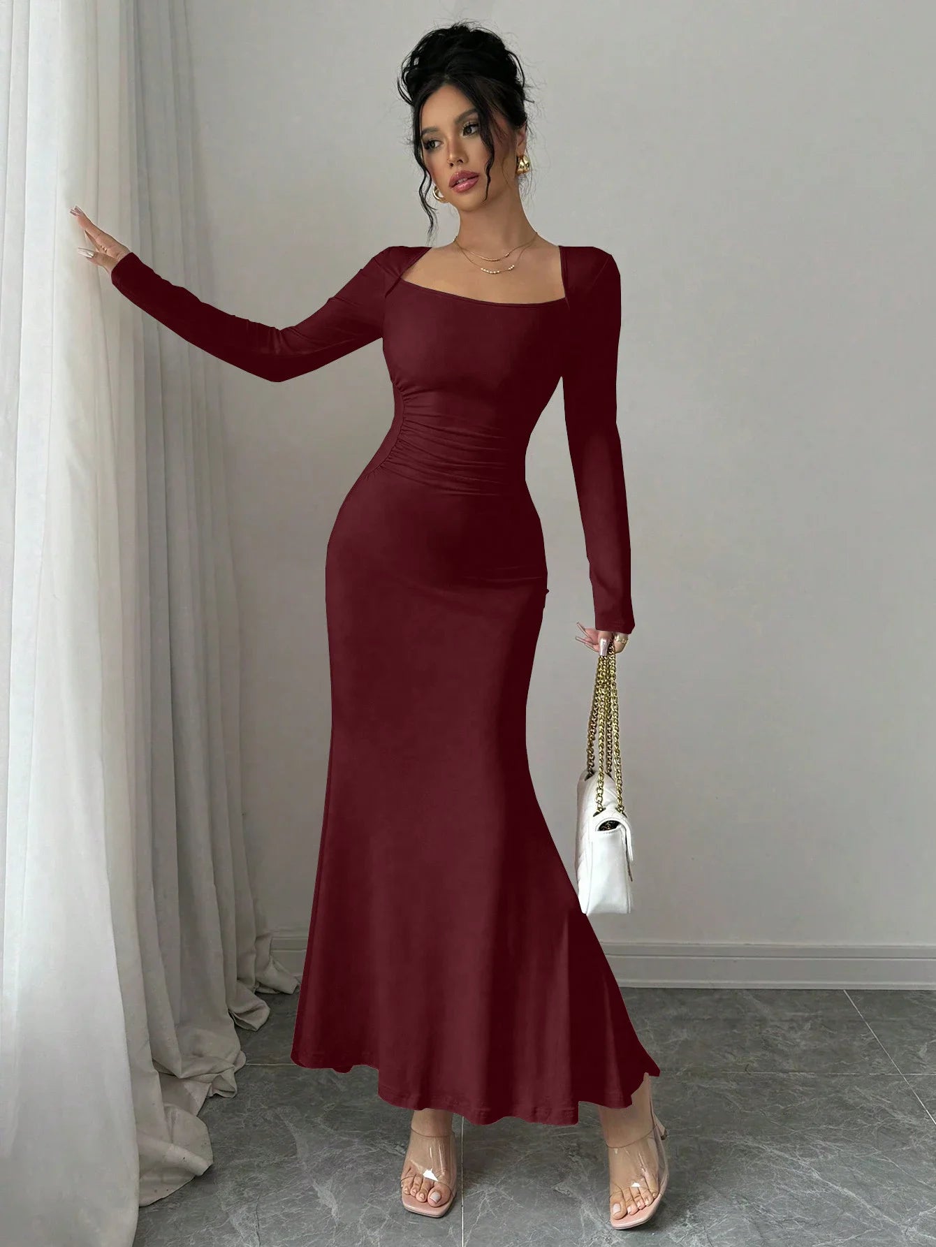 Women’s Square Neck Maxi Dress | Long Sleeve Ruched Bodycon Mermaid Dress for Weddings, Date Nights & Elegant Evening Wear
