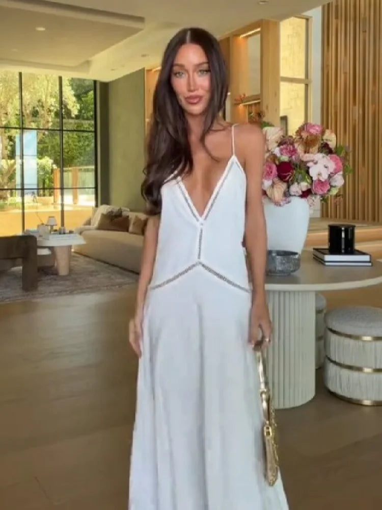 Women’s White Backless Satin Maxi Dress | Deep V-Neck Strappy Evening Gown for Weddings, Vacations & Resort Wear