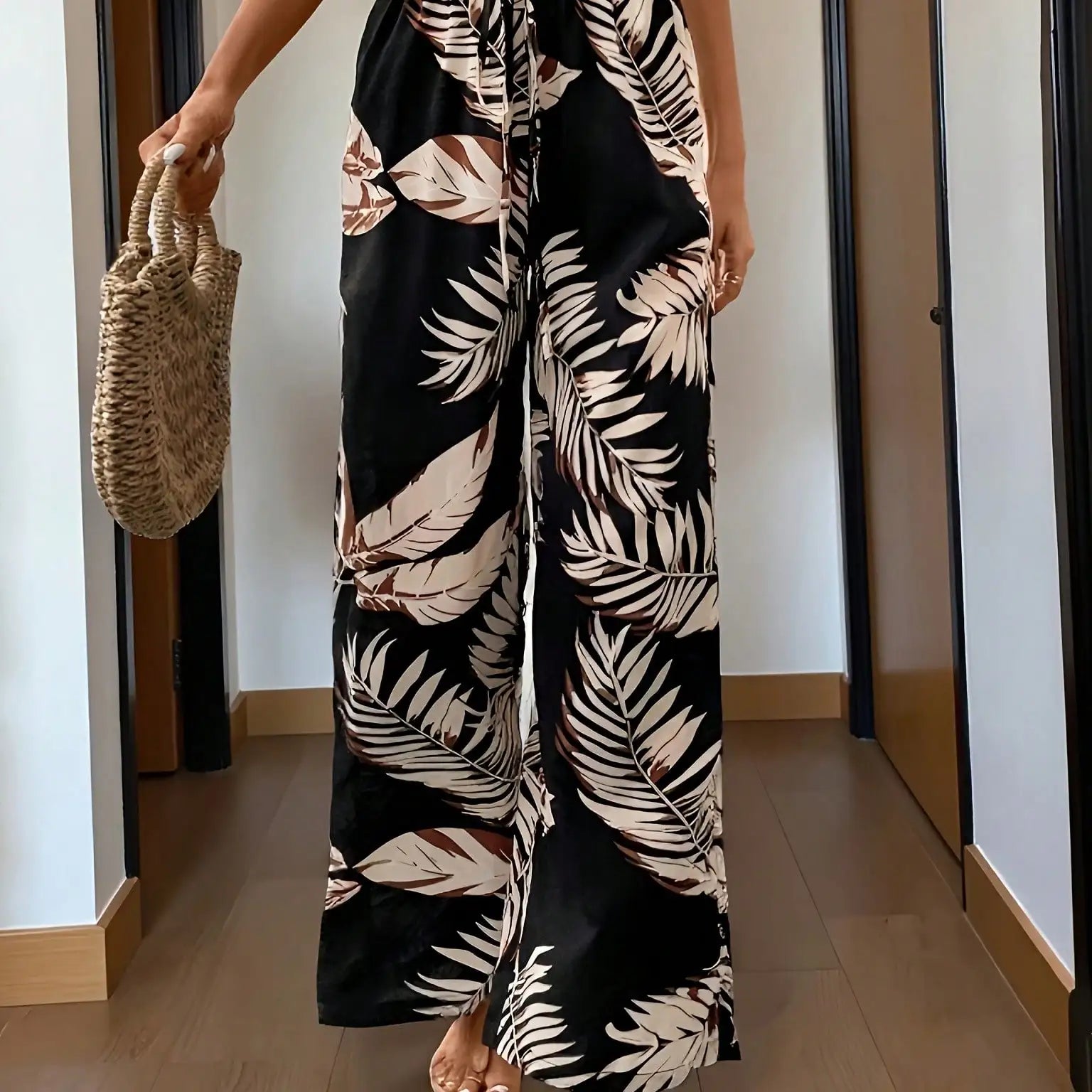 Women Tropical Print Wide Leg Palazzo Pants High Waist Vacation Trousers