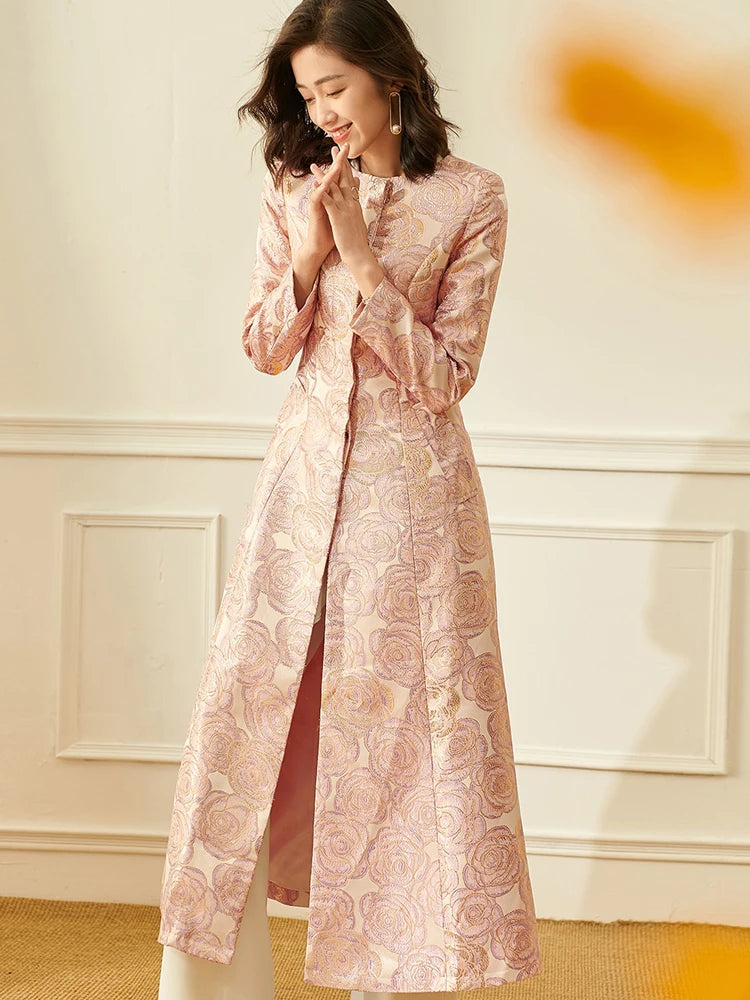 Women’s Elegant Floral Jacquard Maxi Coat Dress | Vintage Inspired Long Jacket