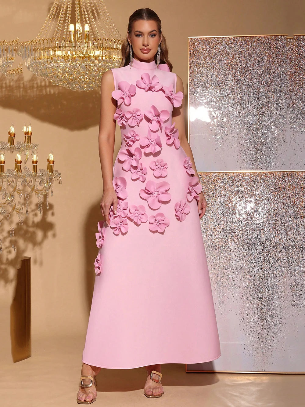 Appliqué Maxi Dress Women | High Neck Sleeveless Elegant Evening Dress