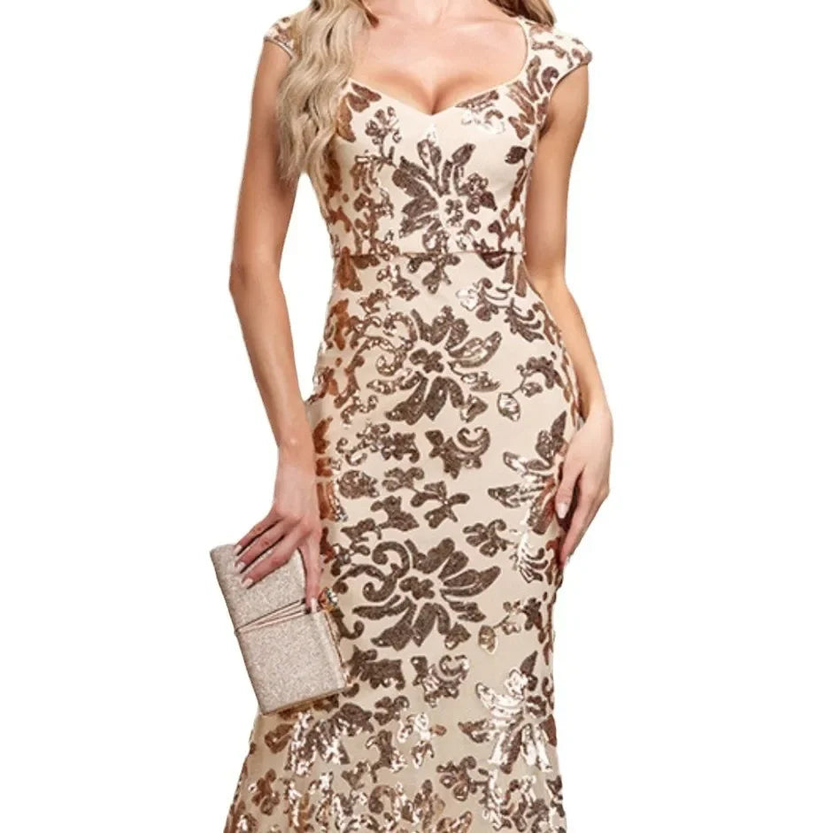 Women’s Champagne Gold Sequin Mermaid Evening Gown | Sweetheart Neck Formal Maxi Dress for Prom, Weddings, Galas & Black Tie Events