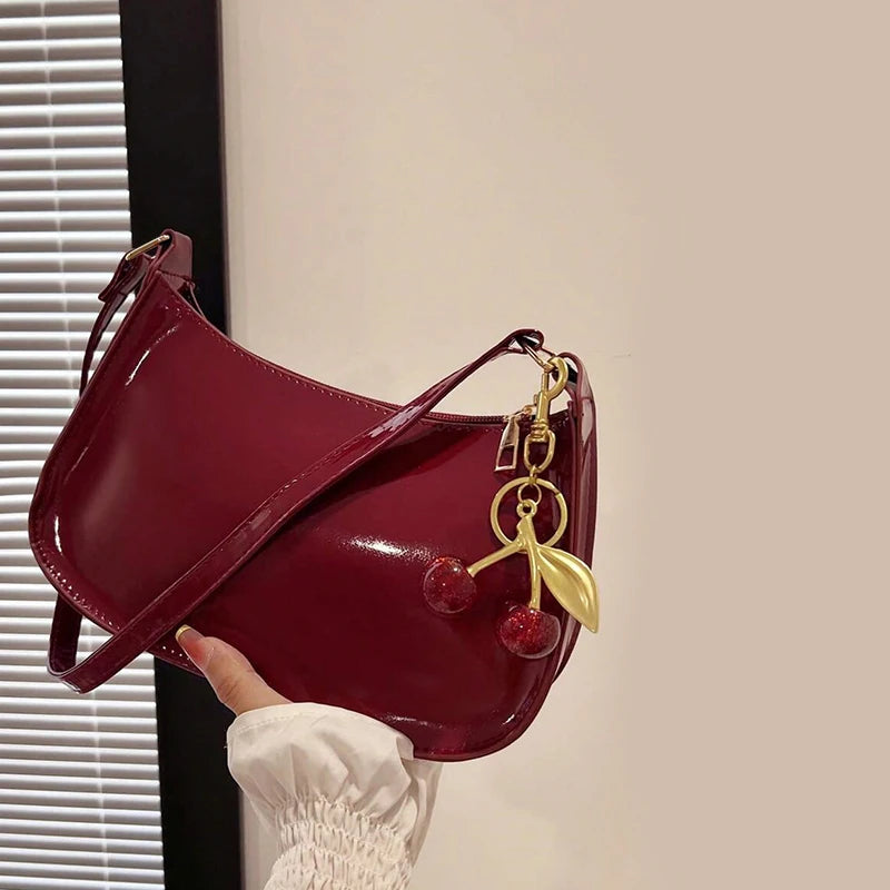 Cherry Charm Patent Leather Shoulder Bag for Women | Y2K Crescent Hobo Bag | Glossy Crossbody Purse | Cute Retro Handbag