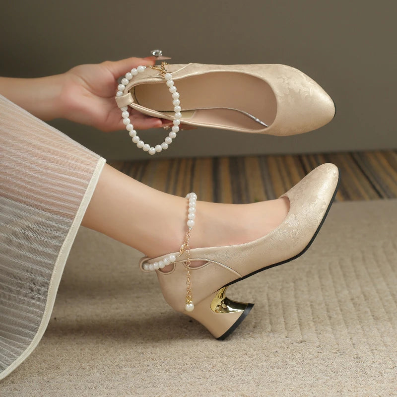 Women’s Pearl Strap Mary Jane Heels – Elegant Floral Pumps for Party, Wedding & Occasion Wear