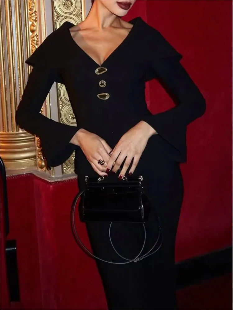 Black Retro Sexy Two Piece Set For Women V Neck Slim Long Sleeve Top Fashionable Flare Pants Elegant Suit Female