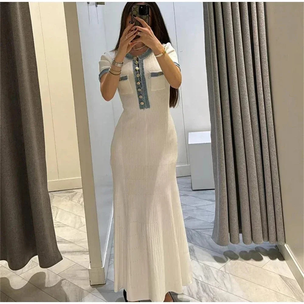 Women’s Cream Knit Maxi Dress | Vintage Button Detail Bodycon Dress for Elegant Casual & Vacation Wear