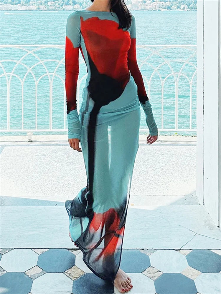 Abstract Print Maxi Dress Women | Long Sleeve Bodycon Dress