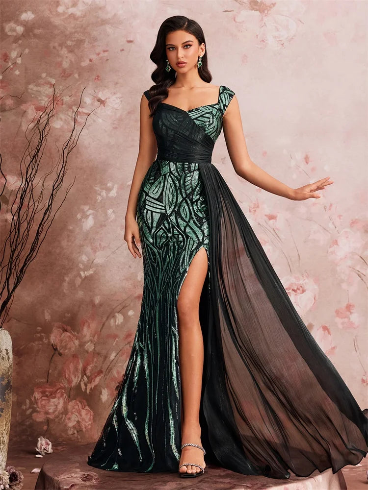 Women’s Emerald Green Sequin Mermaid Evening Gown | One Shoulder Formal Dress with High Slit & Chiffon Drape for Prom, Galas & Weddings