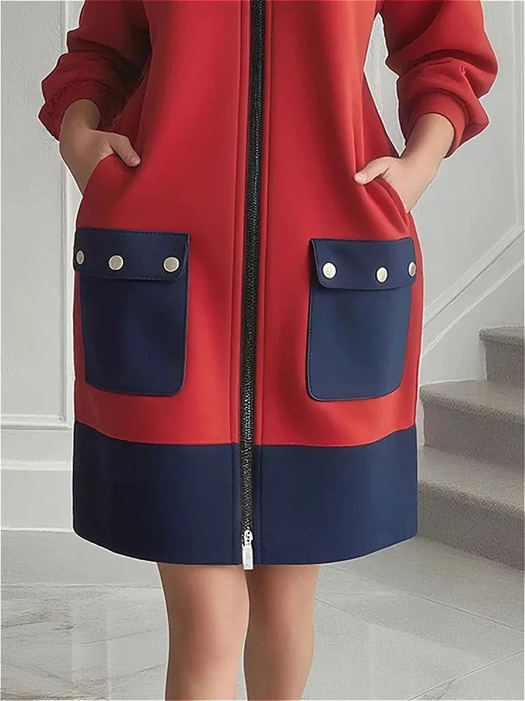 Women’s Red Zip Front Coat Dress | Color Block Long Sleeve Casual Chic Jacket Dress