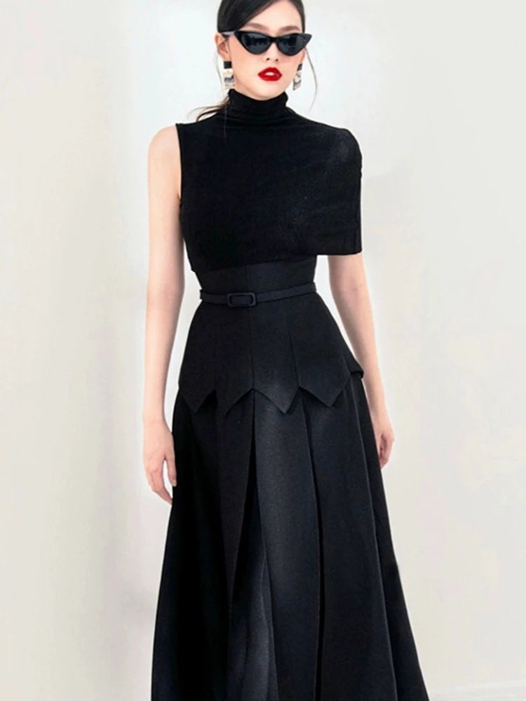 High Neck Midi Dress Women | Sleeveless Belted Elegant Dress