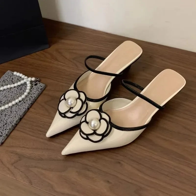 Women’s Pointed Toe Designer | Elegant Pearl Detail Slip-On Sandals for Party & Occasion Wear