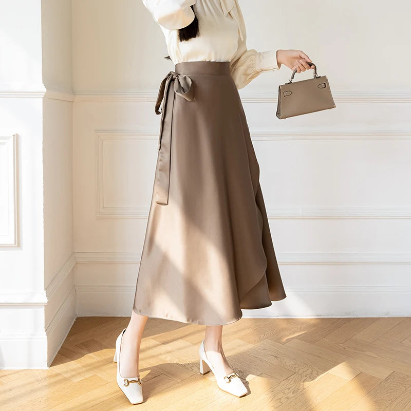 Women High Waist Satin Midi Skirt Elegant Wrap A Line Flowy Skirt
