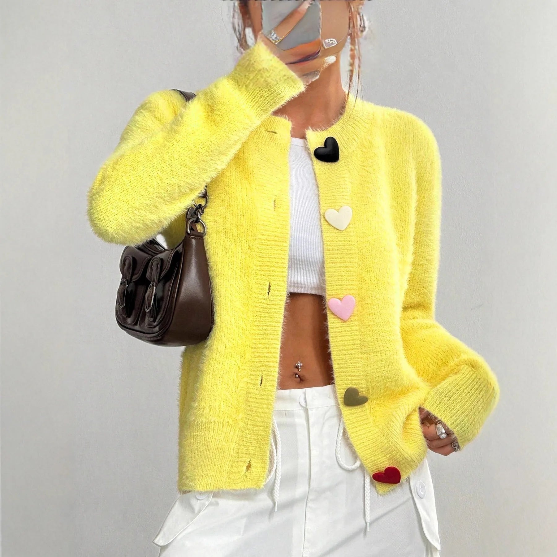 Women’s Fuzzy Yellow Cardigan Sweater | Soft Button-Up Heart Detail Knit Cardigan Cozy Casual Outerwear