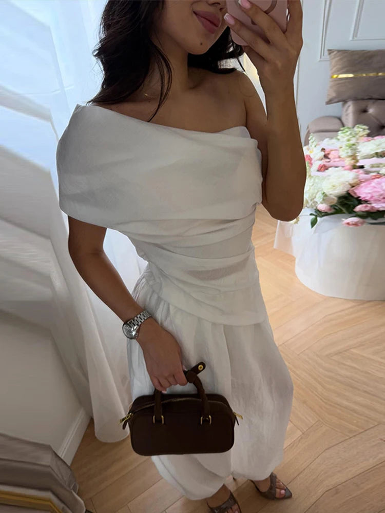 Women's Off Shoulder Draped Top & Wide Leg Trousers Co-Ord Set | Elegant Resort Two Piece Outfit