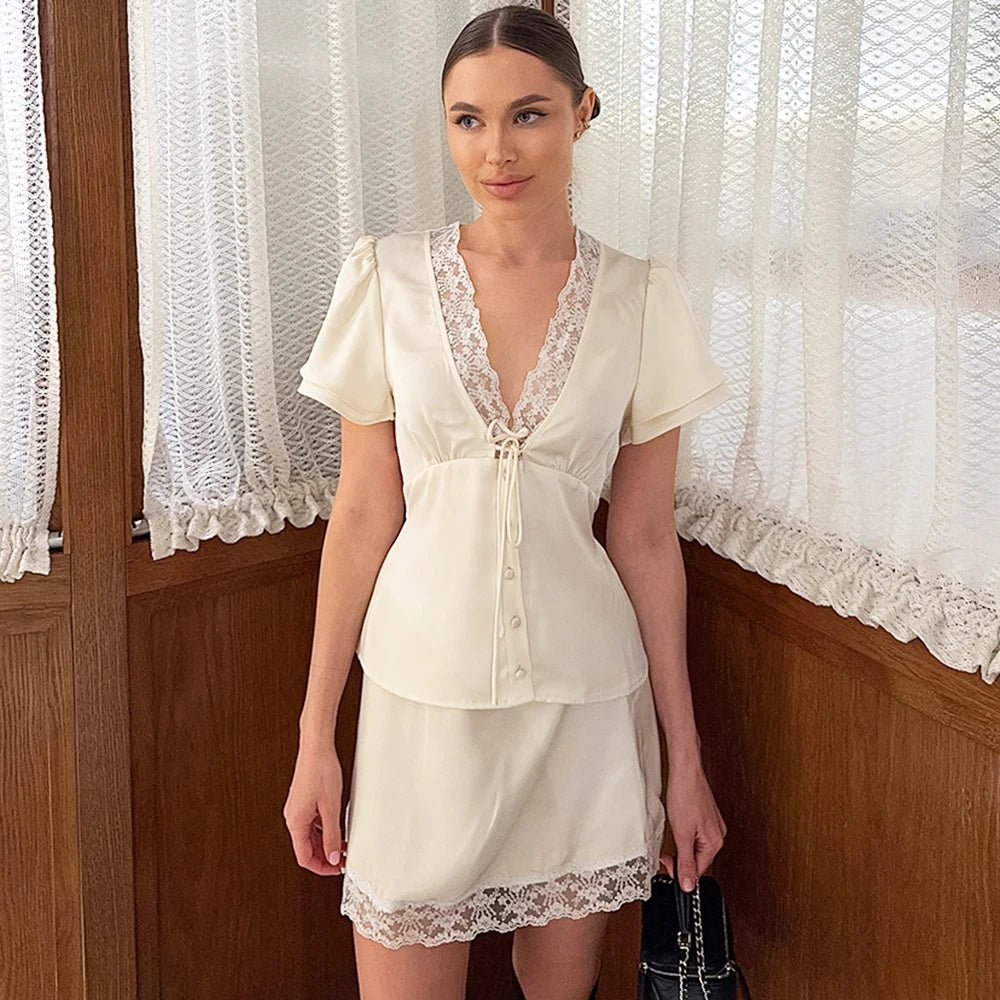 Women's Lace Trim Blouse & Mini Skirt Co-Ord Set | Romantic Two Piece Summer Outfit