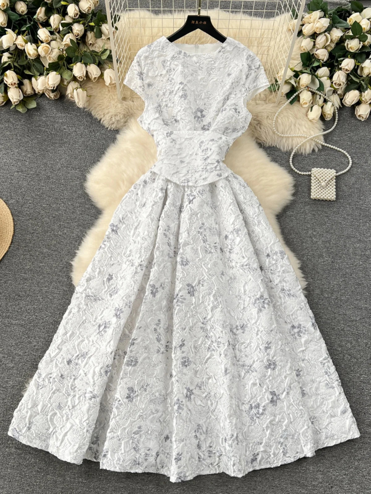 Women’s White Floral Jacquard Midi Dress | Elegant Vintage A-Line Party & Wedding Guest Dress