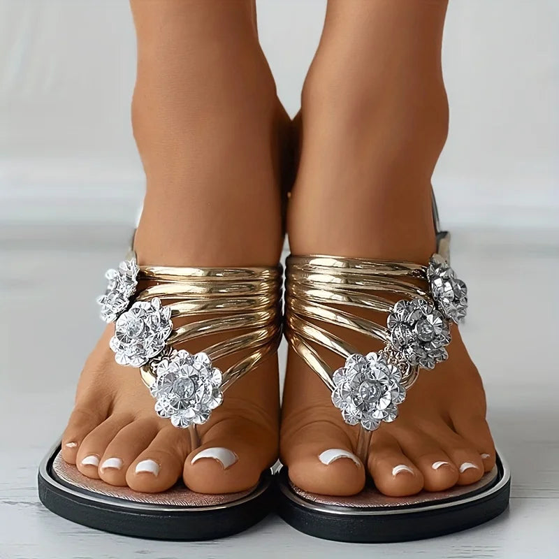 Women’s Rhinestone Floral Toe Ring Sandals – Crystal Flat Thong Sandals for Beach, Vacation & Summer Casual Wear