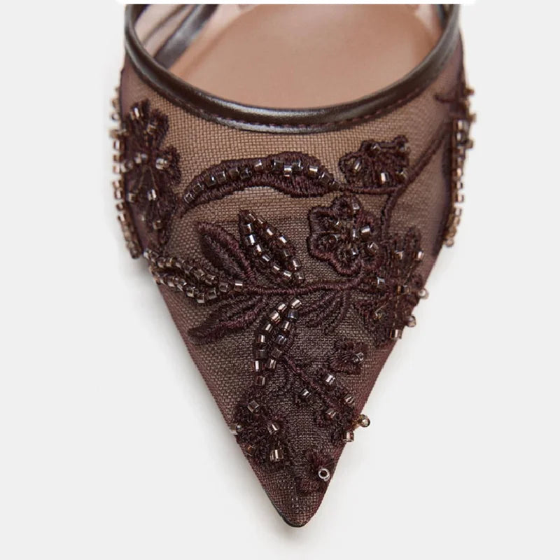 Women’s Embroidered Mesh Slingback Heels – Elegant Pointed Toe Party Pumps for Wedding & Evening Wear