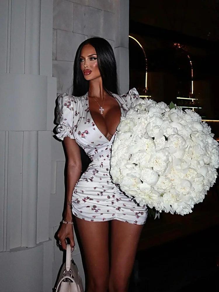 Women’s White Floral Puff Sleeve Bodycon Mini Dress | Deep V-Neck Ruched Cocktail Dress for Date Nights, Parties & Summer Events