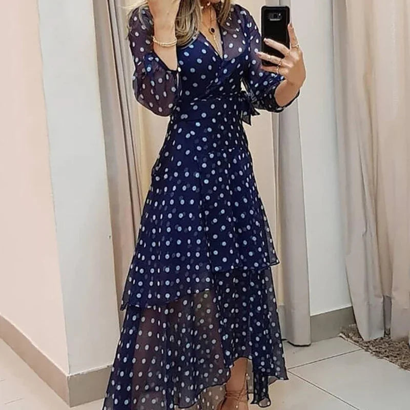 Women’s Navy Blue Polka Dot Wrap Maxi Dress | Long Sleeve High Low Chiffon Dress for Weddings, Brunch, Vacation & Special Occasions