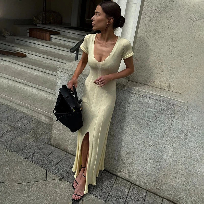 Women’s Butter Yellow Ribbed Maxi Dress | Casual V-Neck Summer Dress with Side Slit for Vacations & Everyday Wear