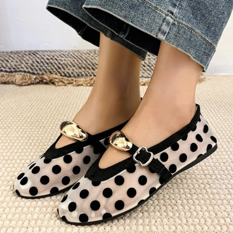 Women’s Polka Dot Mary Jane Ballet Flats – Buckle Strap Slip-On Shoes for Casual, Office & Everyday Wear