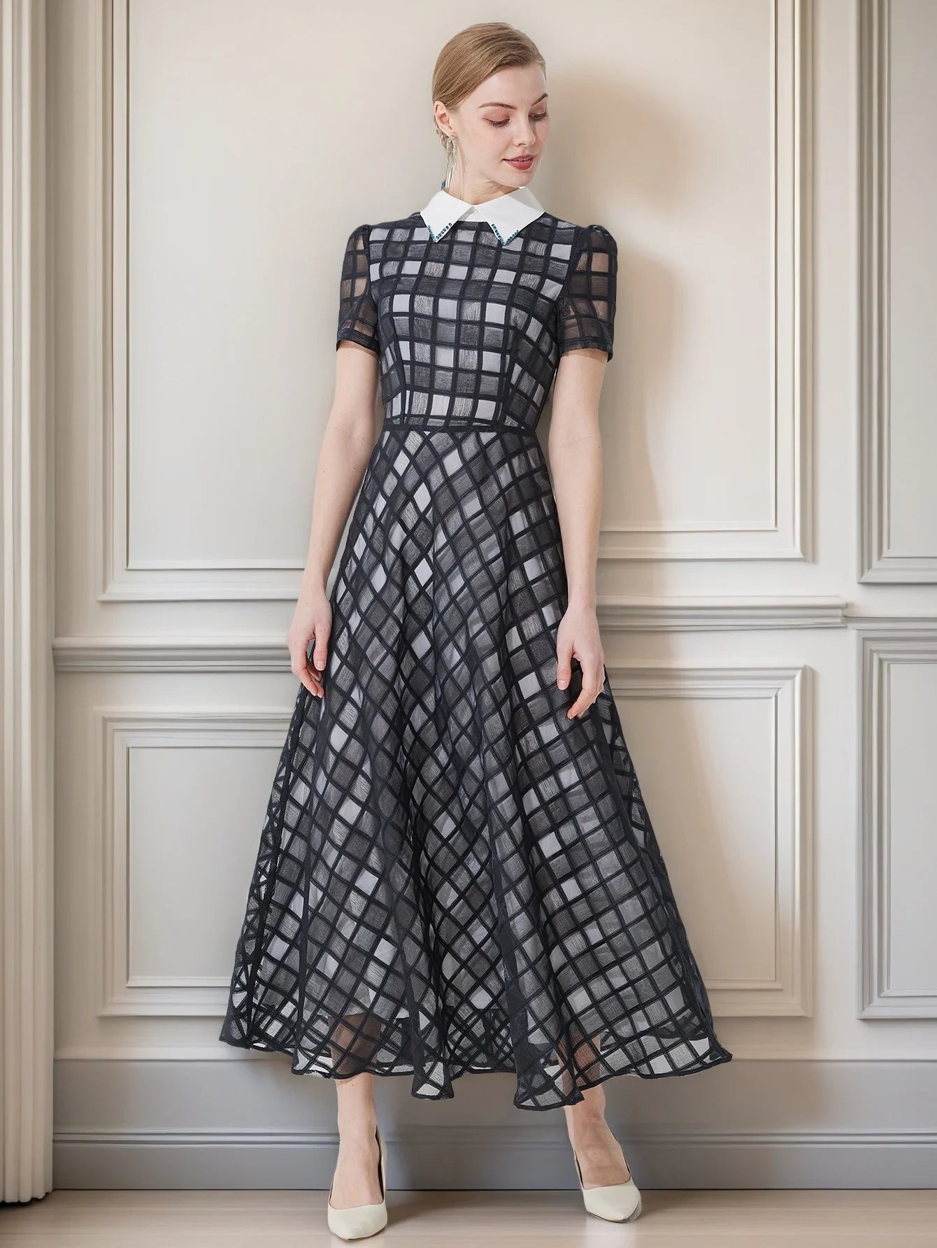 Mesh A Line Midi Dress Women | Short Sleeve Collared Elegant Party Dress