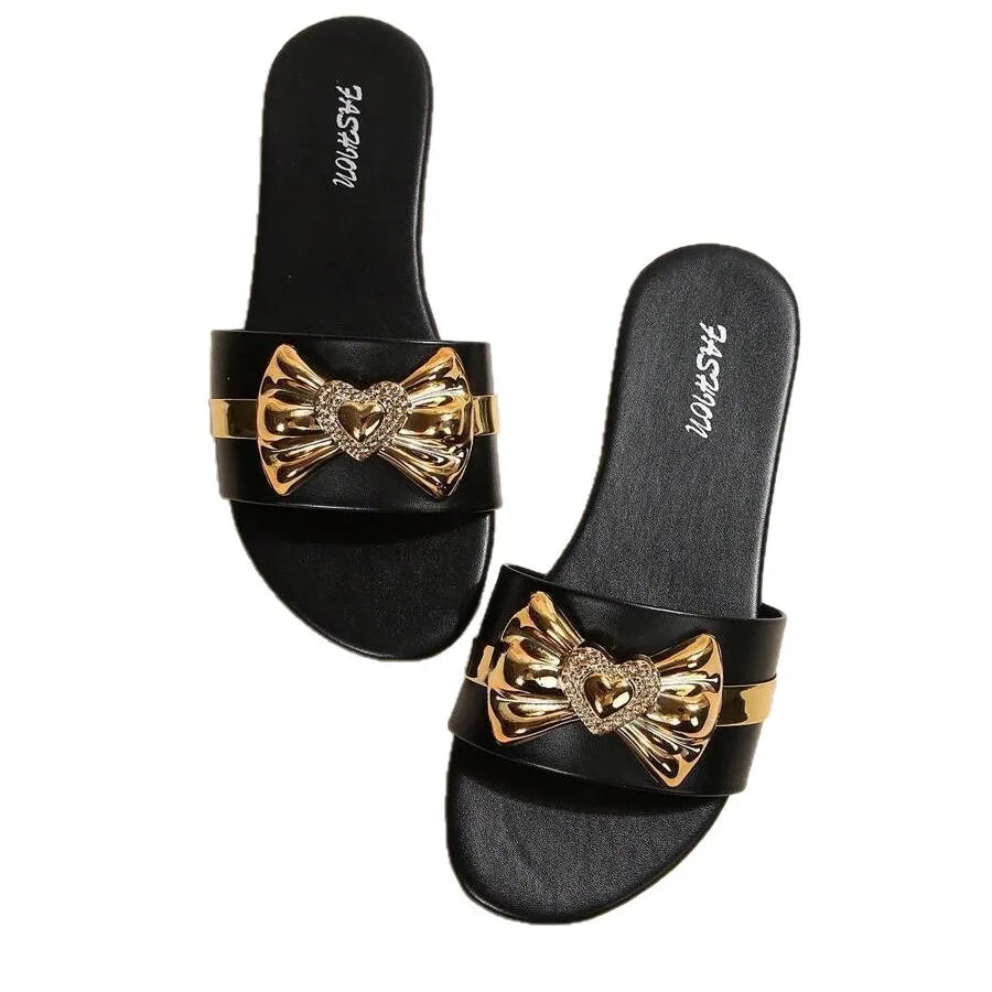 Women’s Gold Bow Slide Sandals – Elegant Flat Slip-On Slides for Casual, Vacation & Summer Wear