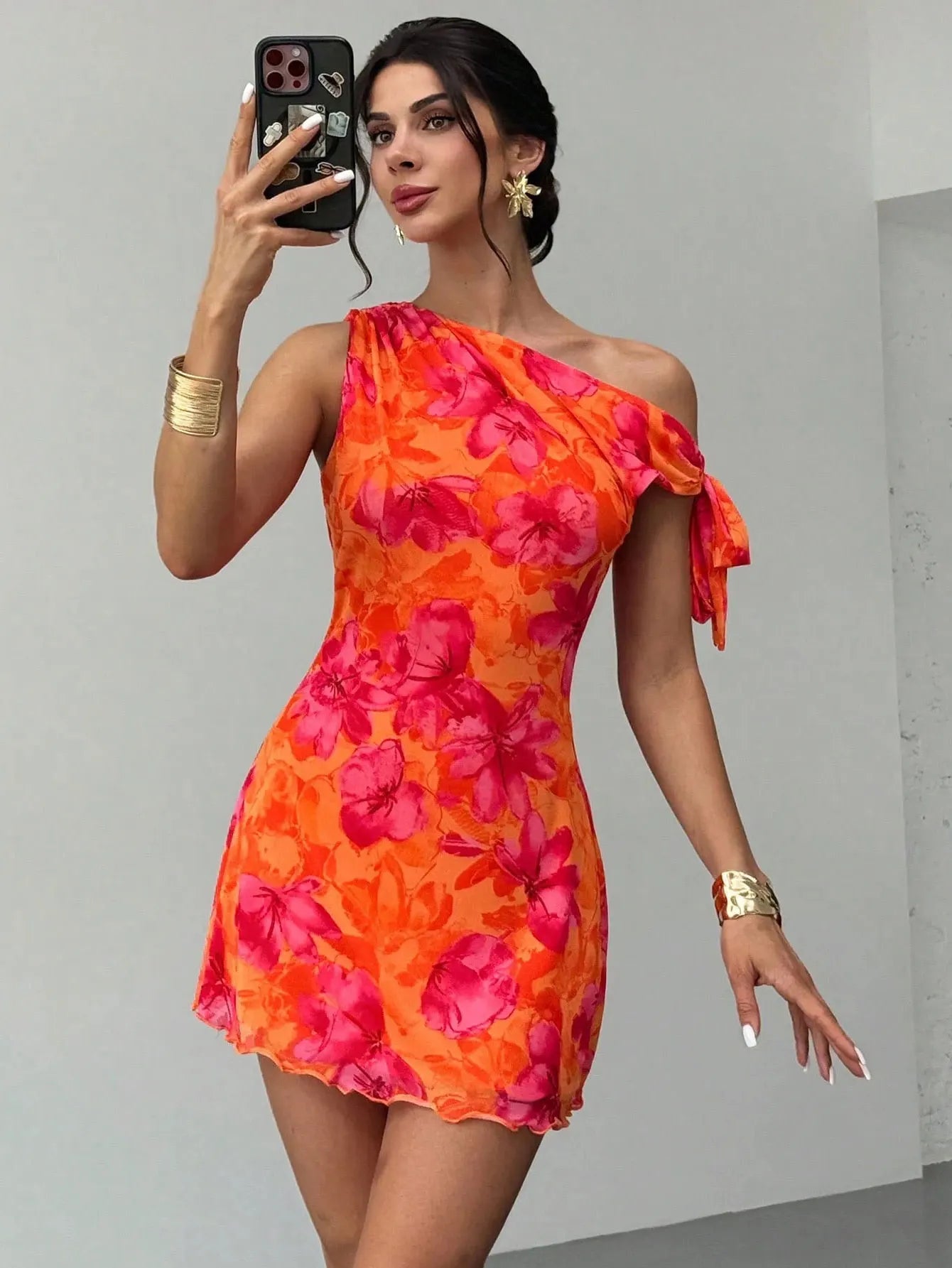 Women’s One-Shoulder Floral Mini Dress | Tropical Orange Pink Bodycon Summer Party Dress