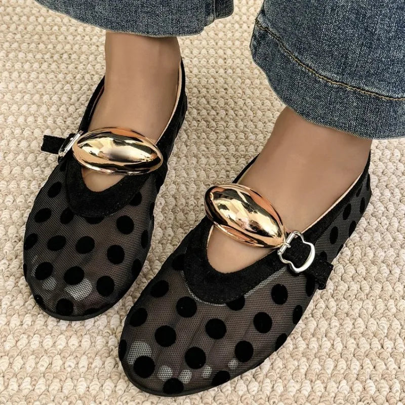 Women’s Polka Dot Mary Jane Ballet Flats – Buckle Strap Slip-On Shoes for Casual, Office & Everyday Wear