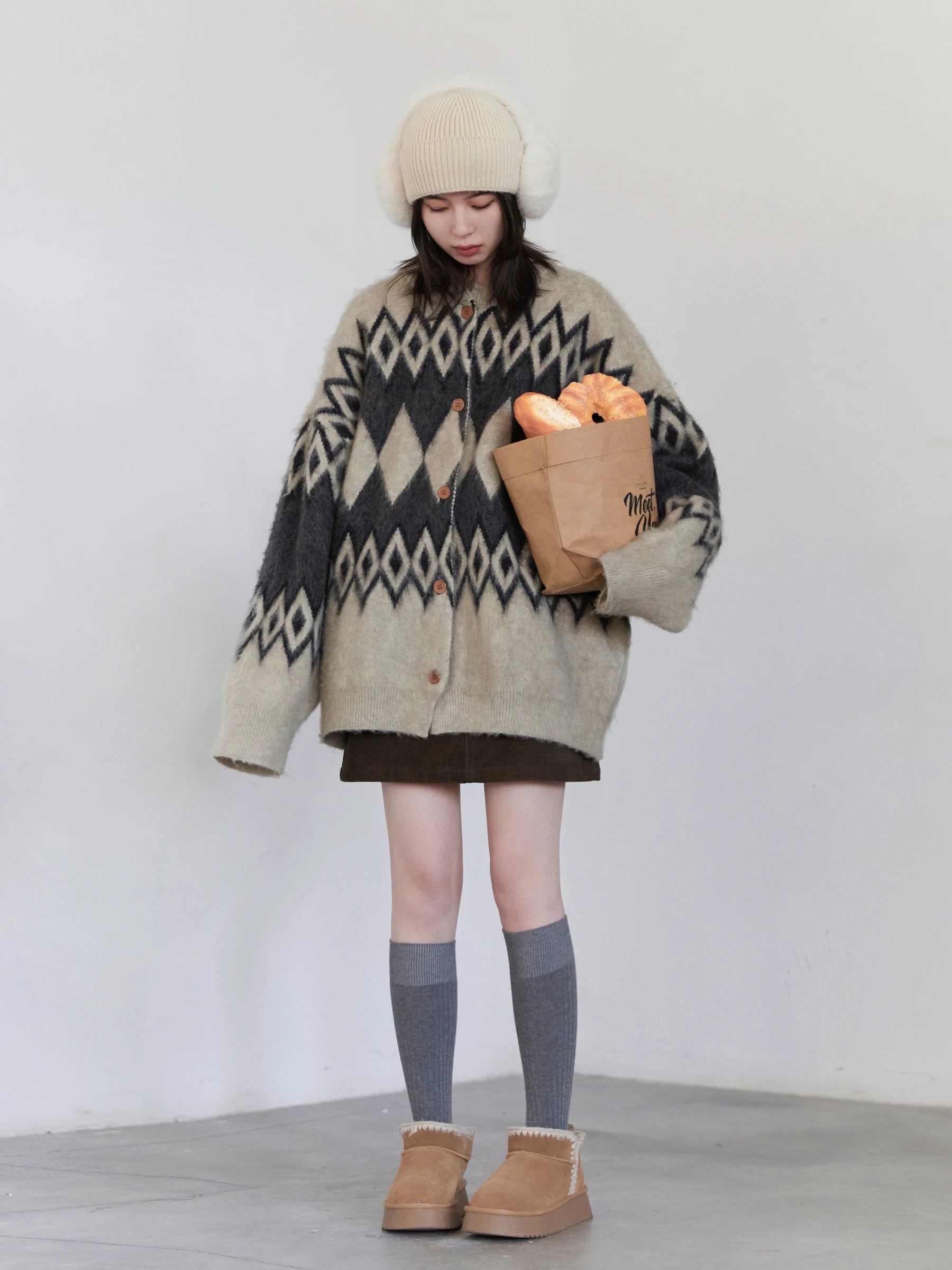 Women’s Oversized Argyle Knit Cardigan | Vintage Geometric Pattern Button-Up Cozy Sweater Jacket