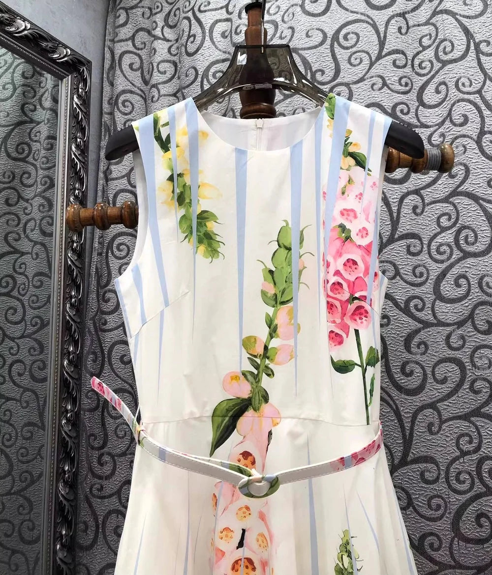 Women’s Floral Pleated Midi Dress | Elegant Sleeveless Garden Party & Wedding Guest Dress