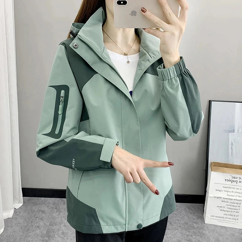 Women’s Sage Green Hooded Waterproof Windbreaker Jacket | Lightweight Outdoor Zip-Up Rain Jacket for Hiking, Travel & Everyday Wear