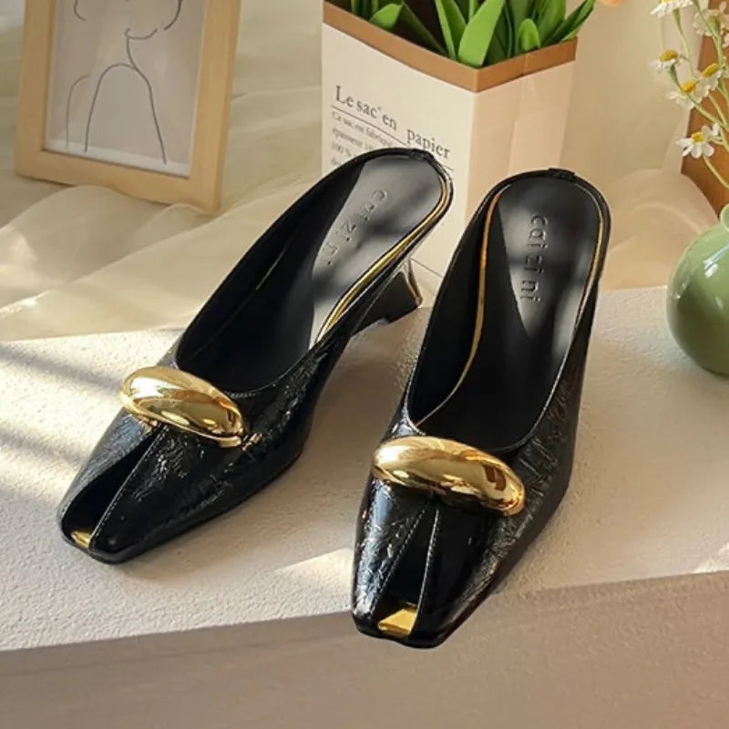 Women’s Patent Peep Toe Mule Heels – Elegant Slip-On Party Sandals for Evening & Occasion Wear