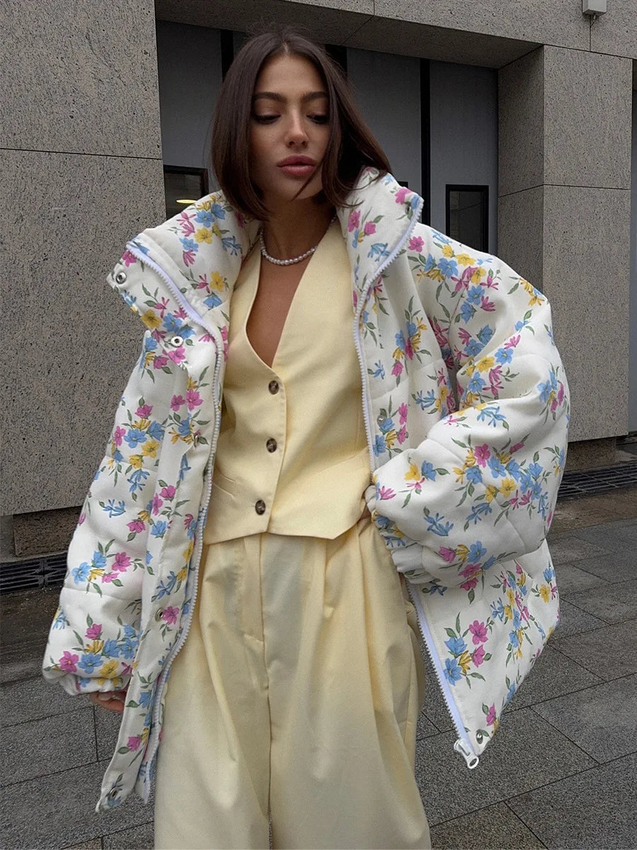 Women’s Floral Oversized Puffer Jacket | Cottagecore Winter Puff Coat with High Neck