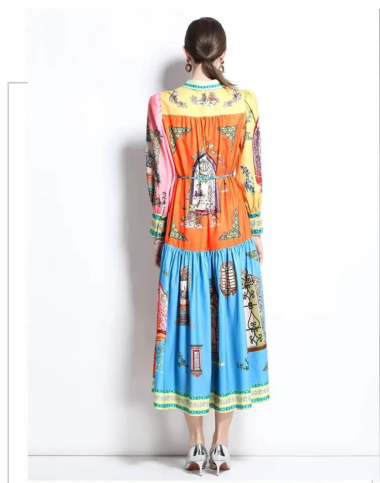 Printed Shirt Midi Dress Women | Long Sleeve Button Down A Line Dress