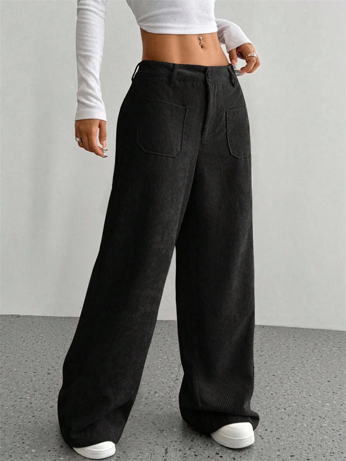 Women High Waist Corduroy Wide Leg Pants Casual Relaxed Fit Trousers