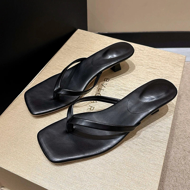 Women’s Minimal Thong Mule Heels – Square Toe Slip-On Sandals for Party, Evening & Everyday Chic Wear