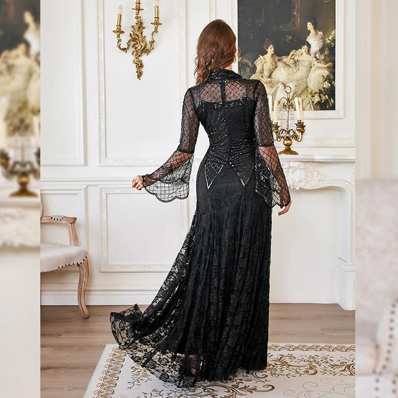 Women’s Black Lace Maxi Dress | Elegant Long Sleeve High Neck Evening Gown for Weddings, Formal Parties & Special Occasions