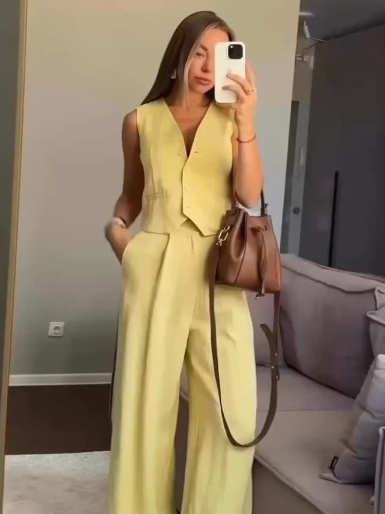 Women's Tailored Waistcoat & Wide Leg Trousers Co-Ord Set | Smart Casual Two Piece Outfit