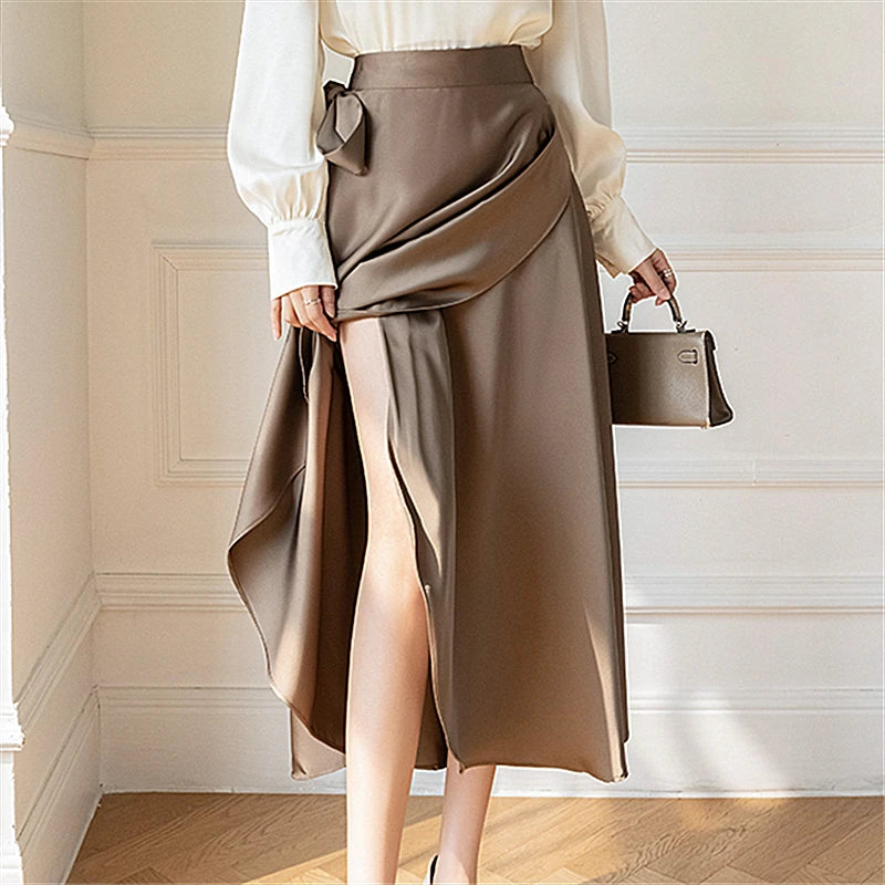 Women High Waist Satin Midi Skirt Elegant Wrap A Line Flowy Skirt