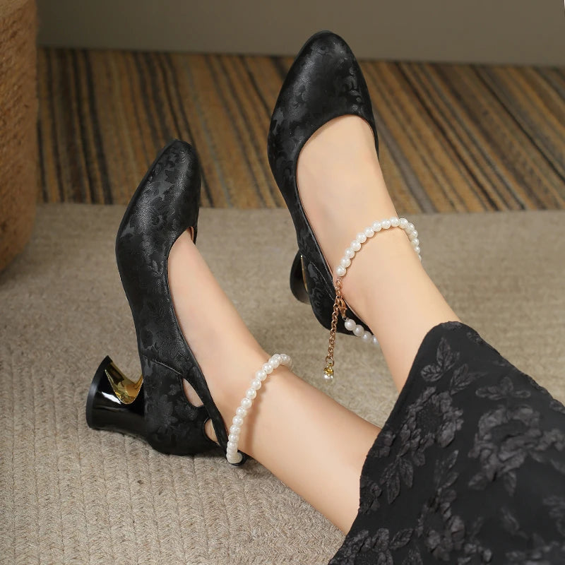 Women’s Pearl Strap Mary Jane Heels – Elegant Floral Pumps for Party, Wedding & Occasion Wear