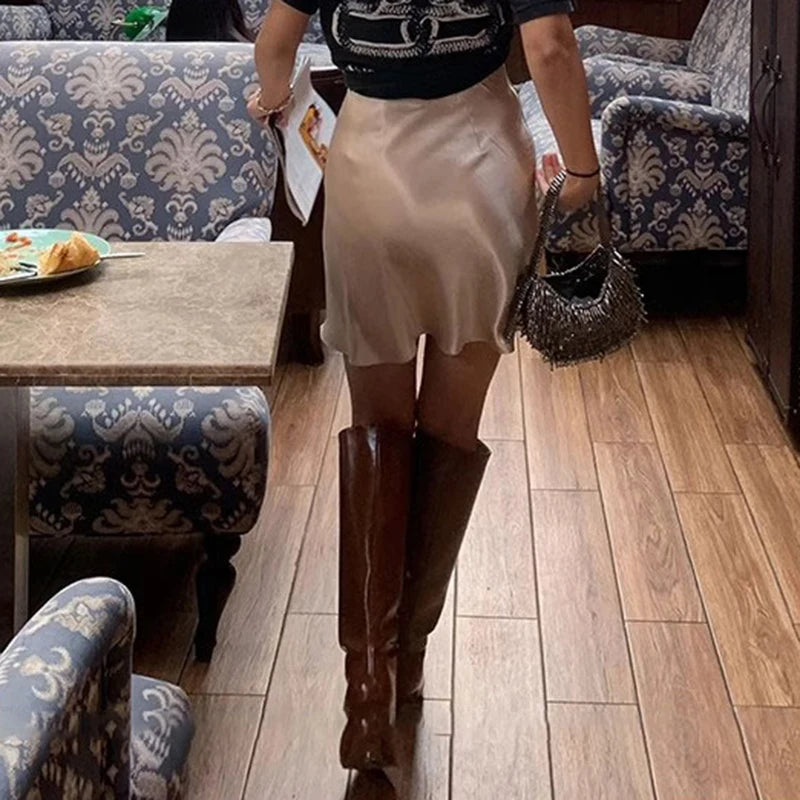 Women Satin Mini Skirt High Waist Silk Look Slip Skirt Casual Chic Skirt