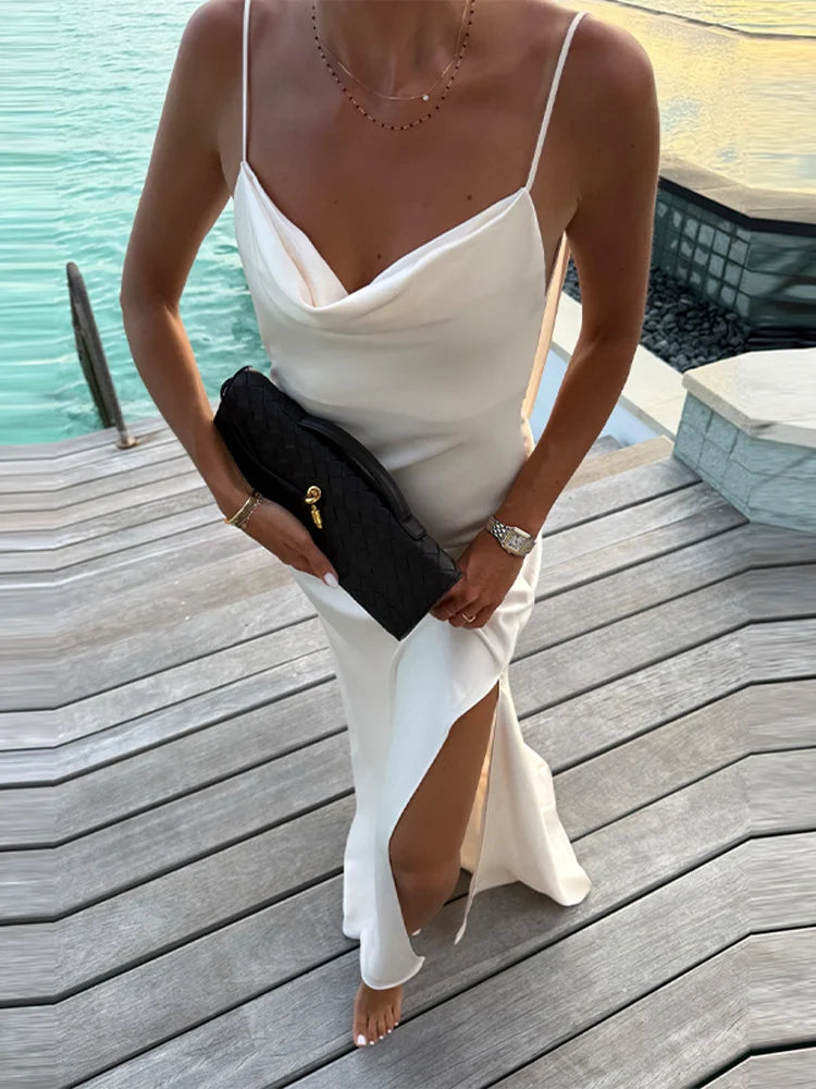 Women’s White Satin Slip Maxi Dress | Backless Cowl Neck Evening Gown with High Slit for Weddings & Resort Wear