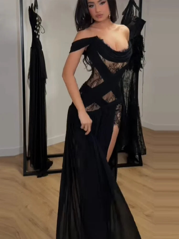 Women’s Black Off Shoulder Lace Maxi Dress | Elegant High Slit Evening Gown with Sheer Corset Bodice for Galas, Prom & Formal Events