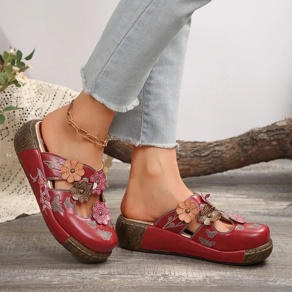 Women’s Floral Wedge Sandals – Embroidered Comfort Slip-On Slippers for Casual & Everyday Wear