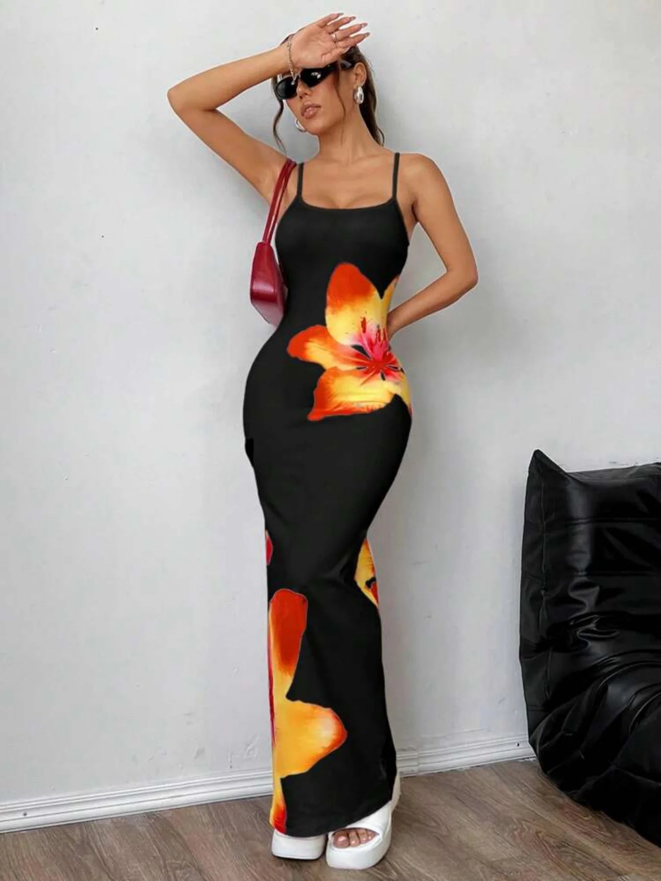 Black Floral Maxi Dress Women | Bodycon Spaghetti Strap Summer Slip Dress